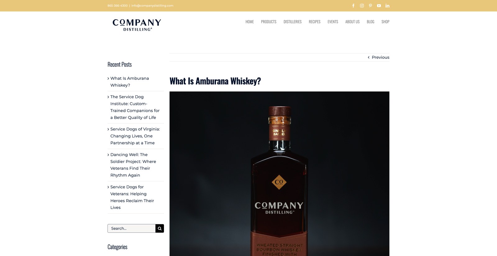 The article "What Is Amburana Whiskey?" published on companydistilling.com, with a photograph of a single barrel wheated straight bourbon finished with Amburana.
