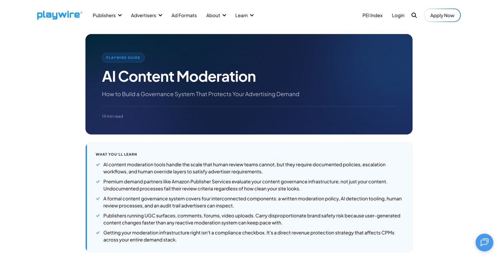 The AI Content Moderation guide published on playwire.com, headlined "How to Build a Governance System That Protects Your Advertising Demand", with a 14 minute read time and a "what you will learn" summary.